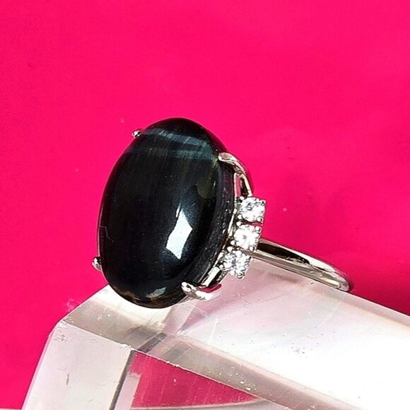 Natural Blue Tiger Eye & CZ 925 Sterling Silver Ring - Picture 5 of 10